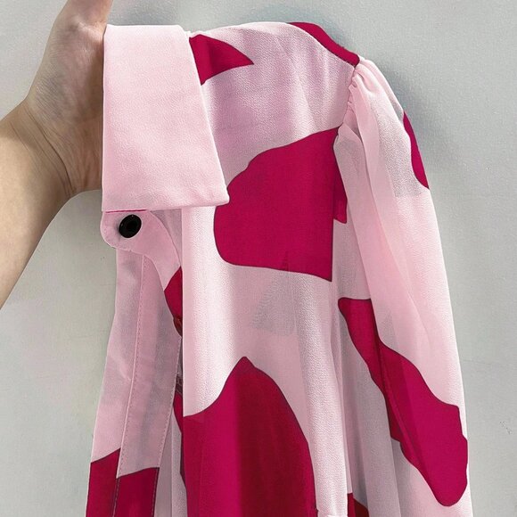 Hot Pink Casual Women's Geometric Print Lantern Sleeve Single-Breasted Shirt - Picture 7 of 7